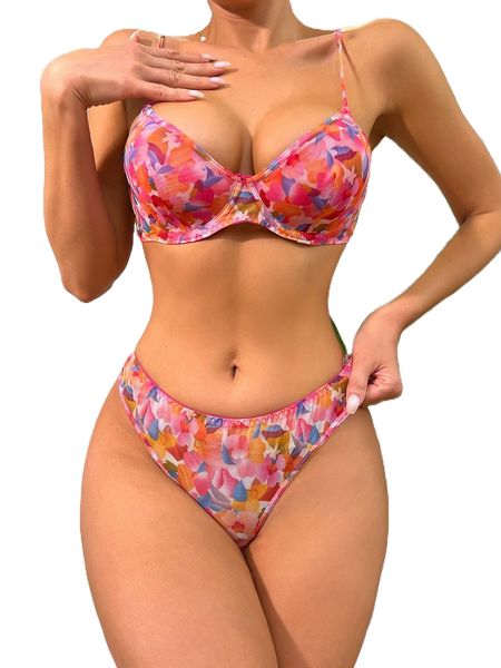 

floral print mesh underwire lingerie set k4hr#, Black;red