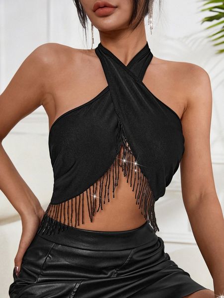 

fringe trim wrap cross tie backless crop halter q9jx#, White