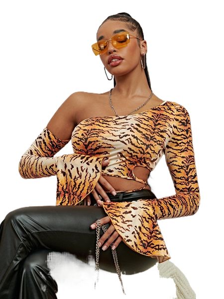 

sxy tigerskin print asymmetrical neck bell sleeve 26se#, White