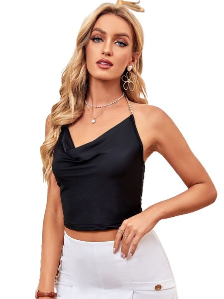 

solid draped backless chain detail crop halter s7xh#, White