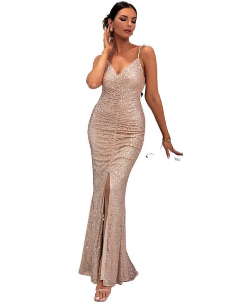 

joyfunear backless ruched split thigh cami prom dress t2nx#, Black;gray