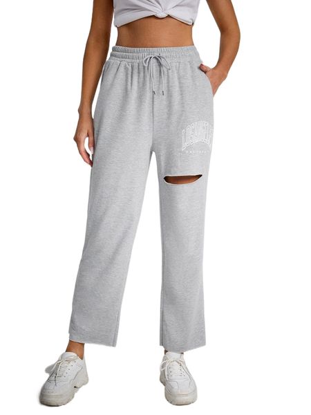 

letter graphic ripped drawstring waist sweatpants 76dr#, Black;white