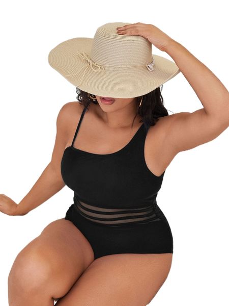 

plus contrast mesh asymmetrical one piece swimsuit f6dk#, White;black