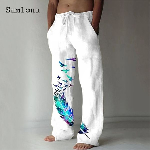 

samlona pocket design linen pants drawstring loose trouser plus size 3xl mens fashion birds feather print sweatpants 220712, Black