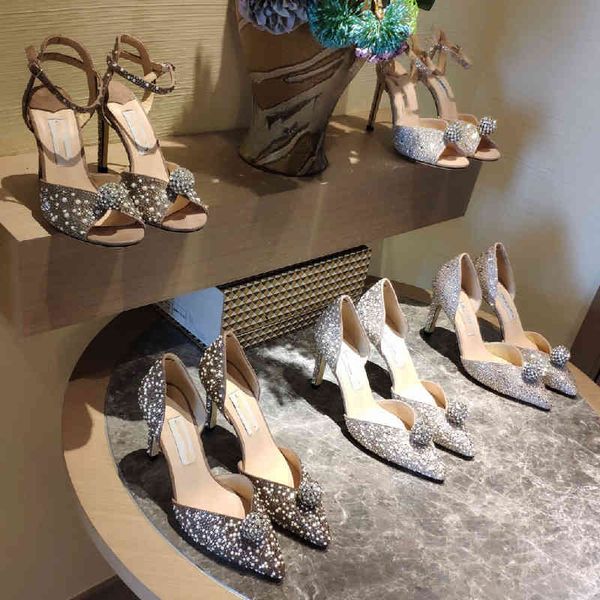 

sandals high end quality spring and summer fashion crystal ball hollow fish mouth sandals thin heels pointed high, Black