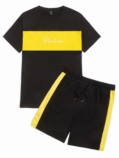 

men letter graphic colorblock tee & drawstring waist shorts t87h#, Gray