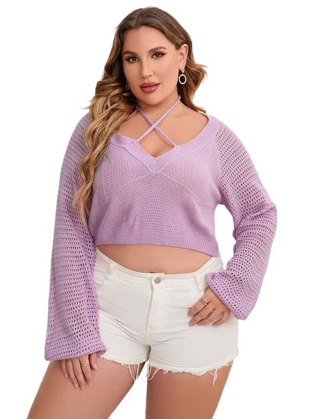 

plus crisscross raglan sleeve crop sweater l2tp#, Black