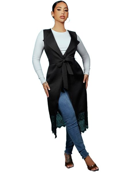 

sxy eyelash lace panel belted vest coat 54yp#, Black