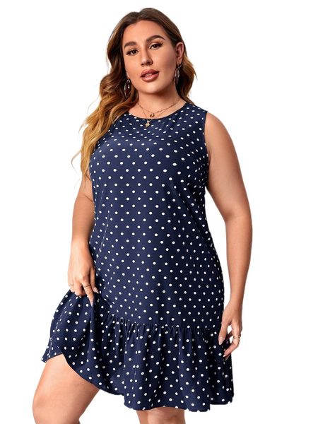 

plus polka dot print ruffle hem dress y1y3#, Black