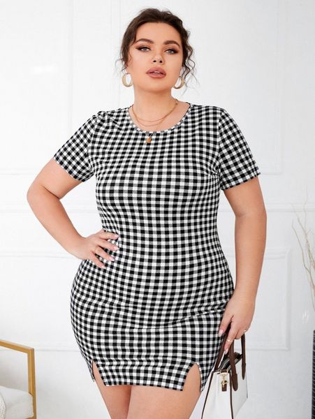 

plus split hem buffalo plaid dress 80rs#, Black