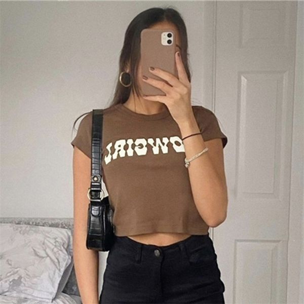

vintage letter print crop casual short sleeve cotton pullover tees summer slim streetwear t-shirt woman 220507, White
