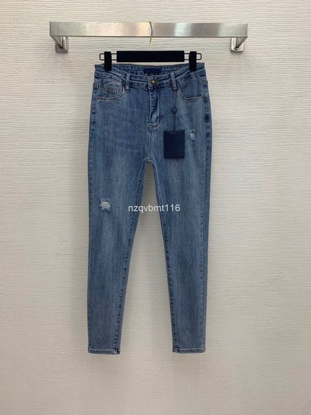 

women's jeans 21 summer wash denim fabric letter back old flower embroidery fashion hole high elastic small leg jeans, Blue