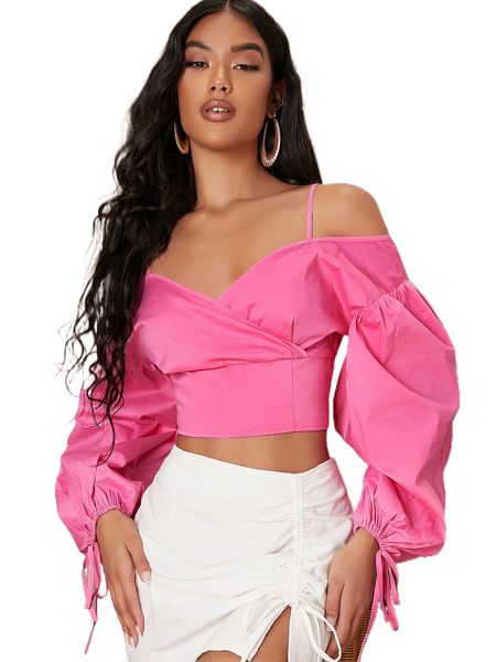 

cold shoulder lantern sleeve shirred back crop blouse v4hm#, White