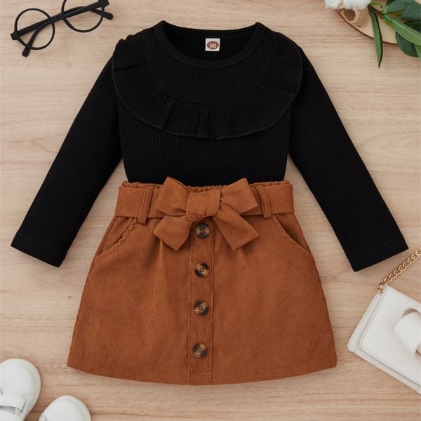 

little girl's ruffle t-shirt and front button belt skirt she, White