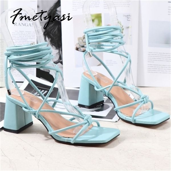 

summer women sandals heels lace up square toe block blue black gladiator ankle strap for 220720