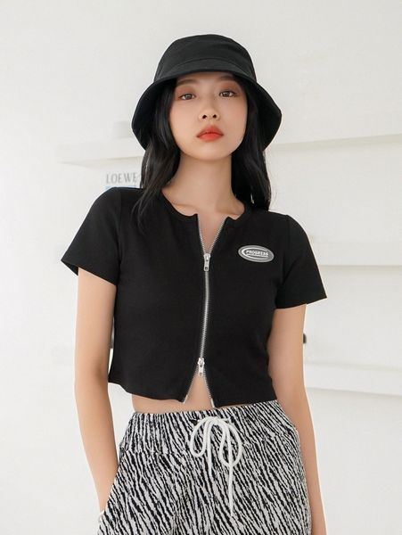 

dazy zip up rib-knit crop tee w4ws#, White