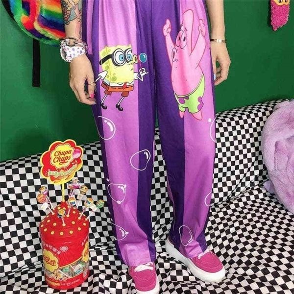 

nicemix summer women harajuku cute cartoon vintage striped casual trousers cotton elastic waist pants fema y200418, Black;white