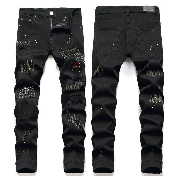 

man rivet studs stitching detail damage black jeans distressed worn denim pants, Blue