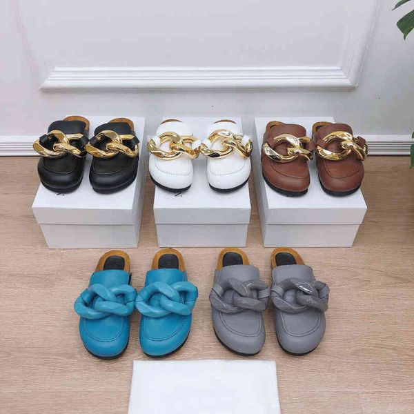 

slippers metal chain baotou flat bottomed semi slippers for women to wear fashionable leisure round head lefu shoes, Black