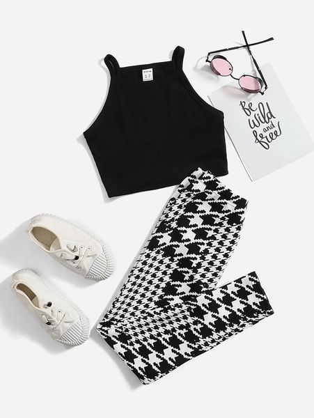 

girls solid halter and houndstooth leggings set she, White