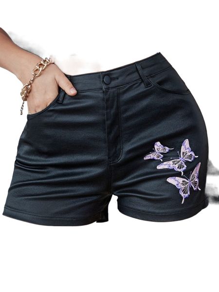 

apperloth a butterfly embroidery pu leather shorts n1nx#, White;black