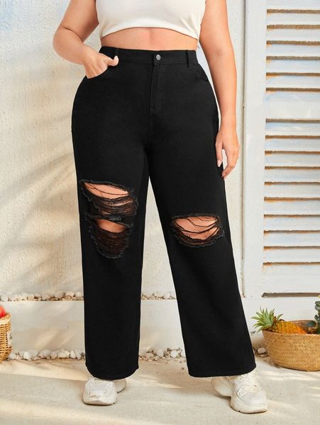 

plus high waist ripped cut out wide leg jeans w5bz#, Blue