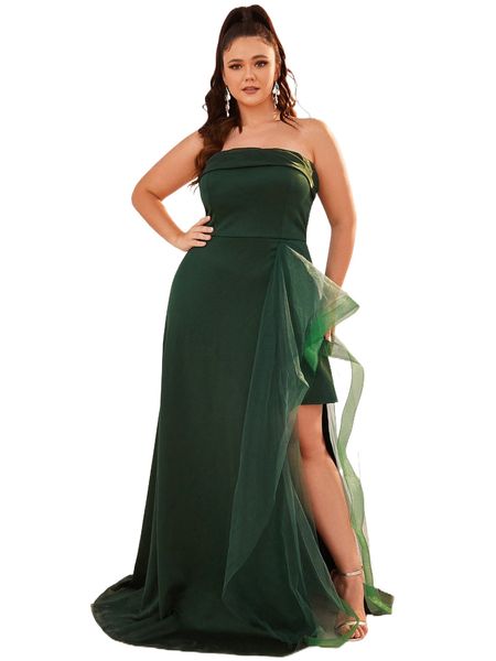 

plus contrast mesh draped split high tube prom dress 53z2#, Black