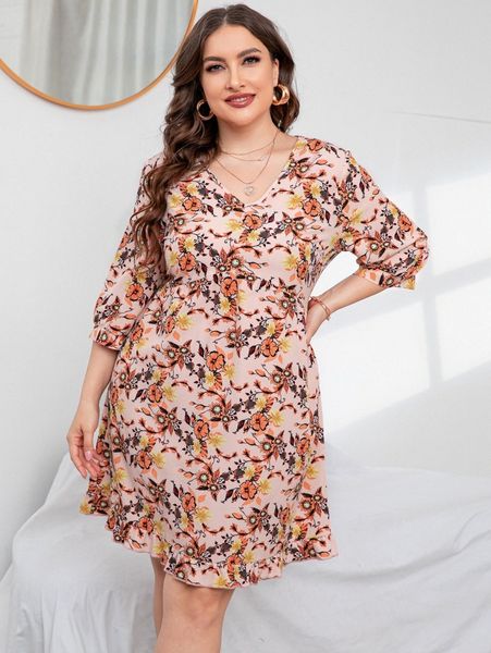 

plus floral print bishop sleeve ruffle hem dress n5j7#, Black