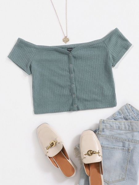 

off shoulder buttoned front rib-knit b8qv#, White