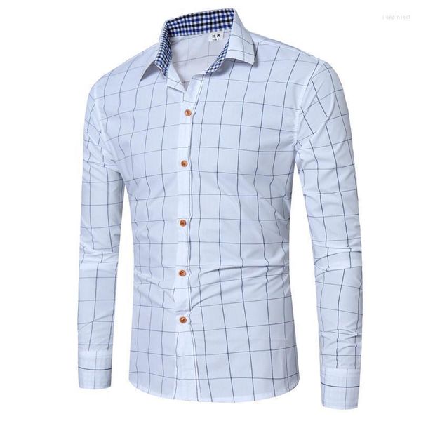 Camisas casuais masculinas estilo britânico elegante e simples xadrez de lapela de tampa grande de tamanho grande