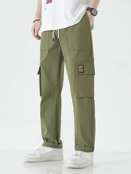 

men letter patched flap pocket pants h8mt#, Black