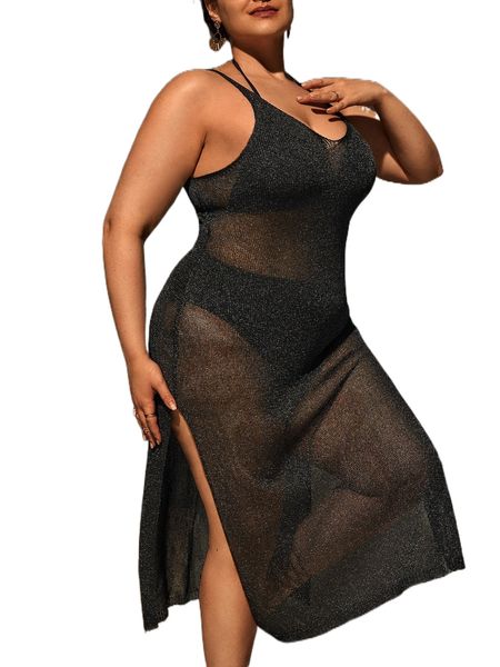 

plus split thigh v back cover up dress without bikini u9ho#, Black