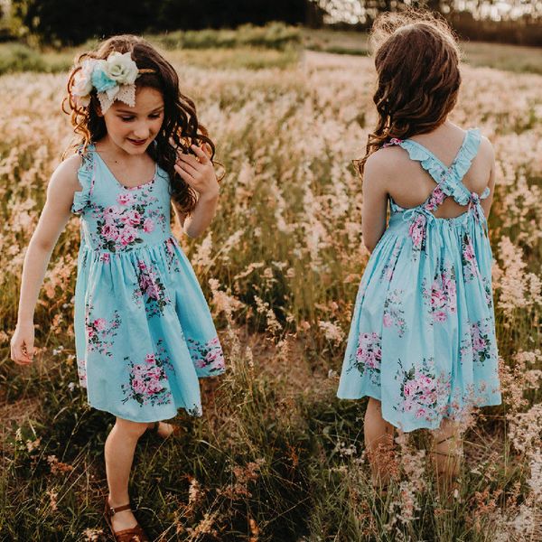 2022 neue Sommer Mädchen Kleider Mode Kinder Prinzessin Kleid Stirnband Set Floral Print Baby Baumwolle Outwear Kleidung Für Kinder Casual kleidung