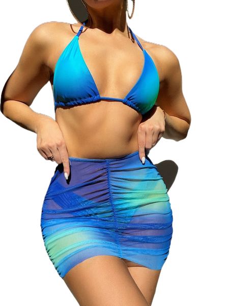 

ombre ruched halter triangle bikini swimsuit with beach skirt b2xw#, White;black