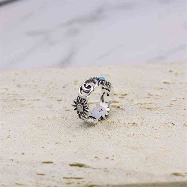 

50% off online silver hollow out daisy ring girl jewelry inlaid with turquoise