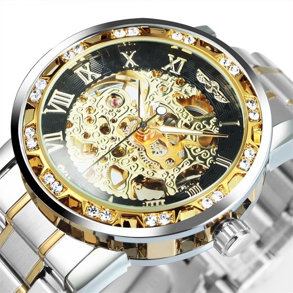 

winner transparent skeleton watch for men mechanical wristwatches diamond watches mens luxury stainless steel strap clock 220622, Slivery;brown