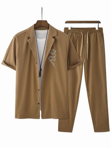 

men floral print shirt & drawstring waist pants without tee h4p4#, Gray