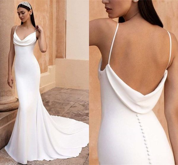 

cowl neck soft satin mermaid wedding dress 2022 spaghetti strap backless chic bridal gown with button robe de mariee vestidos noiva, White