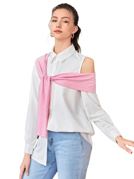 

striped asymmetrical neck knotted front 2 in 1 blouse a8mh#, White