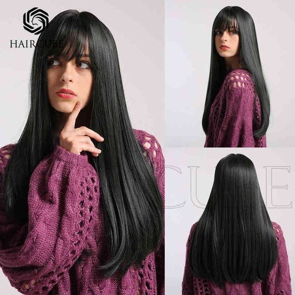 

women qi liuhai qinghai wavelength straight hair wig headcover wigs high temperature silk material daily application 220527, Black