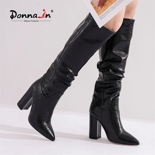 

donnain pleated womens winter high boots fashion high heel thick heel western cowboy boot female shoes large size 201109, Black