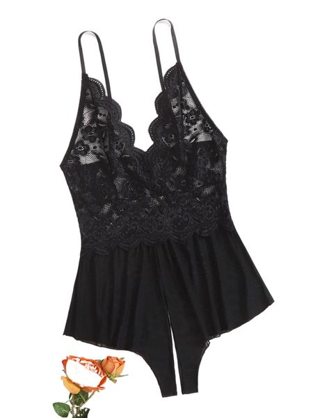 

contrast floral lace crotchless romper bodysuit t3rm#, Black;red