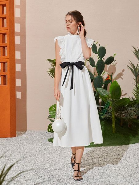 

eyelet embroidered ruffle trim belted dress i89m#, Black;gray