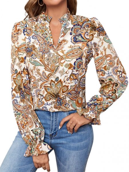 

paisley print notched neck flounce sleeve blouse w1eg#, White