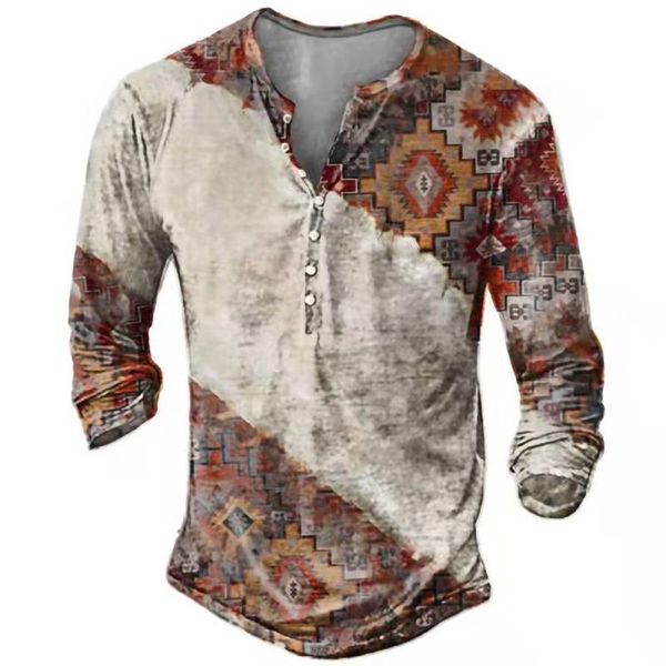 

men's t-shirts vintag fashion men t-shirt 2022 ethnic pattern printed button long sleeve spring autumn oversize t shirt camiseta mujer, White;black
