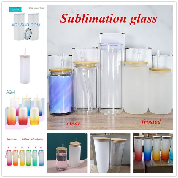 USA Ship Sublimationsglasbecher mit Bambusdeckel, 16 Unzen, 20 Unzen, 25 Unzen, klare Milchgläser, Einmachglas, Bier, Cola, Libby-Dose, wiederverwendbare Plastik-Strohhalmflasche