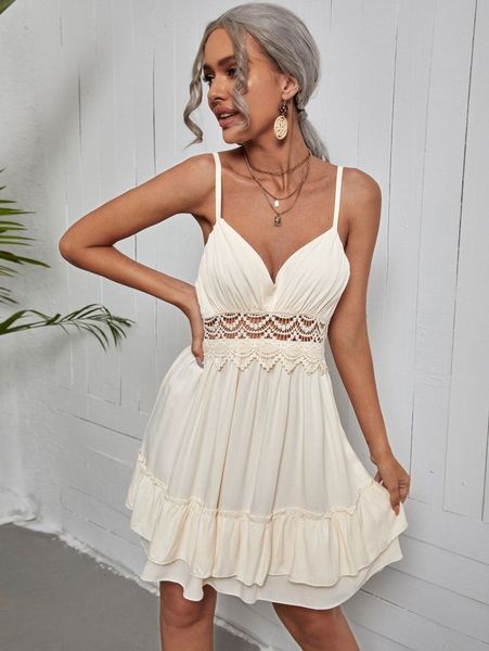 

contrast guipure lace layered hem cami dress p72n#, Black;gray