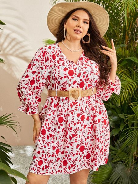 

plus allover floral print flounce sleeve dress without belt 00sn#, Black