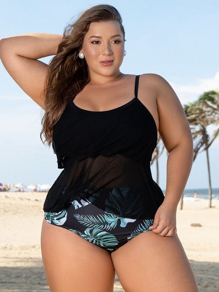 

plus tropical print tiered layer bikini swimsuit e7lf#, White;black