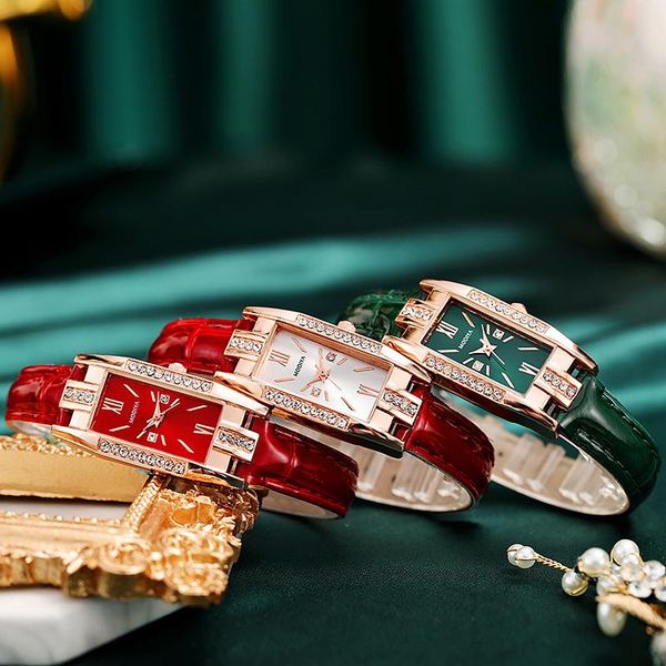 

wristwatches luxury square woman watch creative red green small dial diamond watches for women stylish ultra thin ladies leather quartz cloc, Slivery;brown
